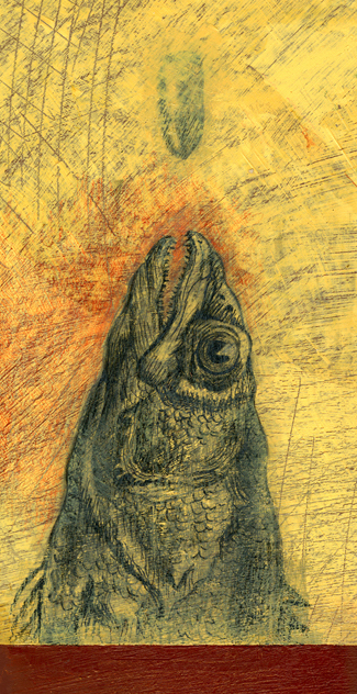 Monolithic Fish. Oil and colored pencil on Masonite board. 4.5 inch. x 11.5 inch. 2011.