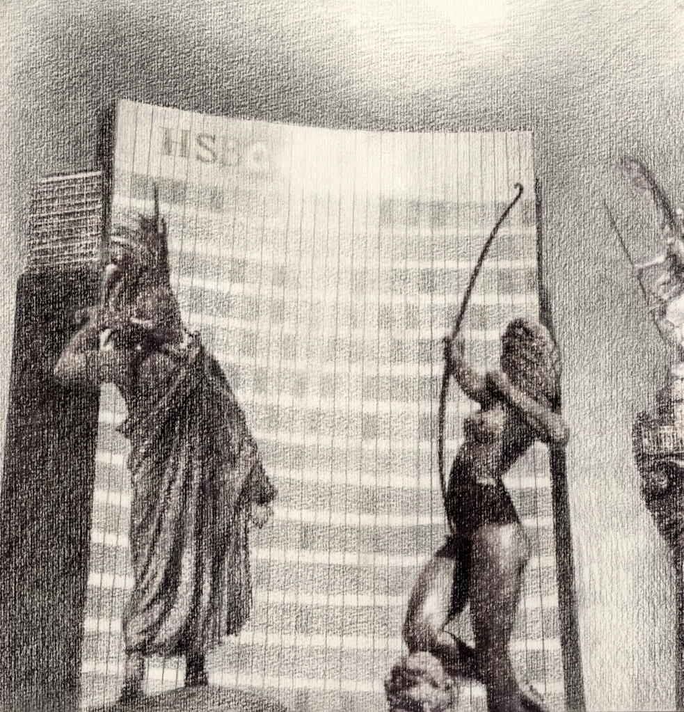 Reforma contra el monolito del crimen legalizado. Caran d’Ache black color pencil on watercolor paper, 2013.